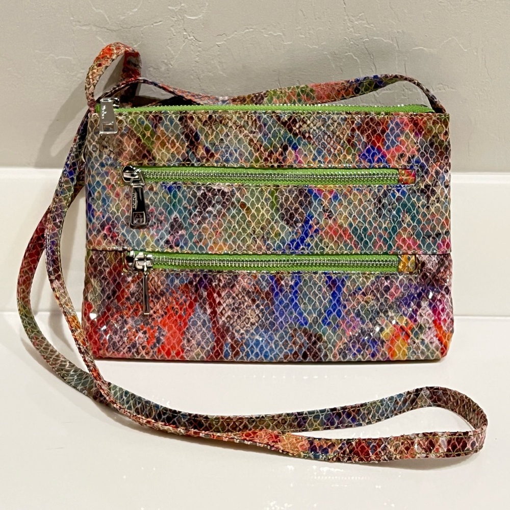 HOBO rainbow crossbody bag, snakeskin embossing, zippered pockets,NWOT, 10”x6.5”